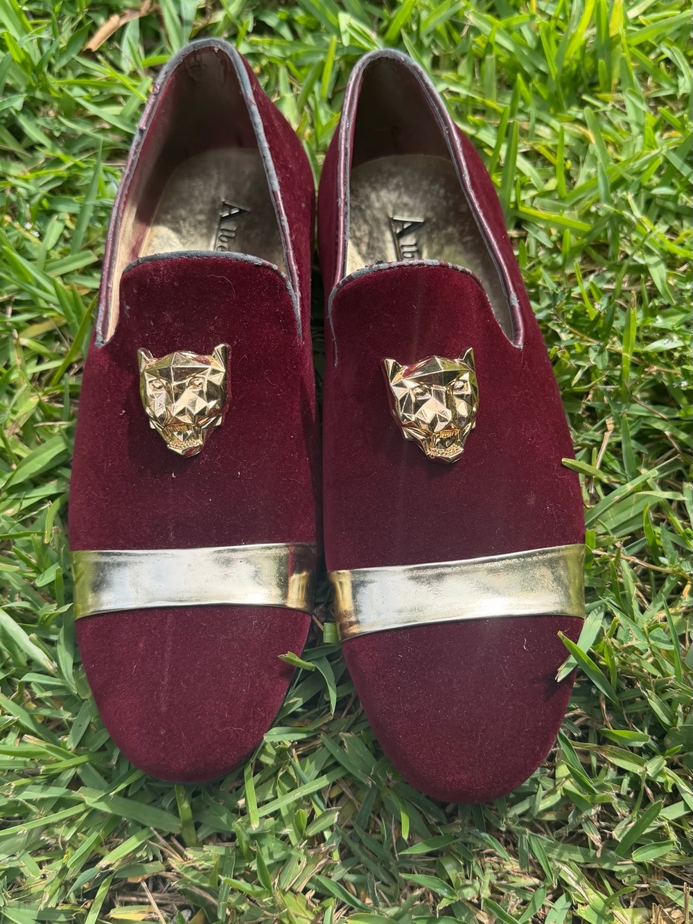 Men's Burgundy Velvet Slip-On Loafers with Gold Accent